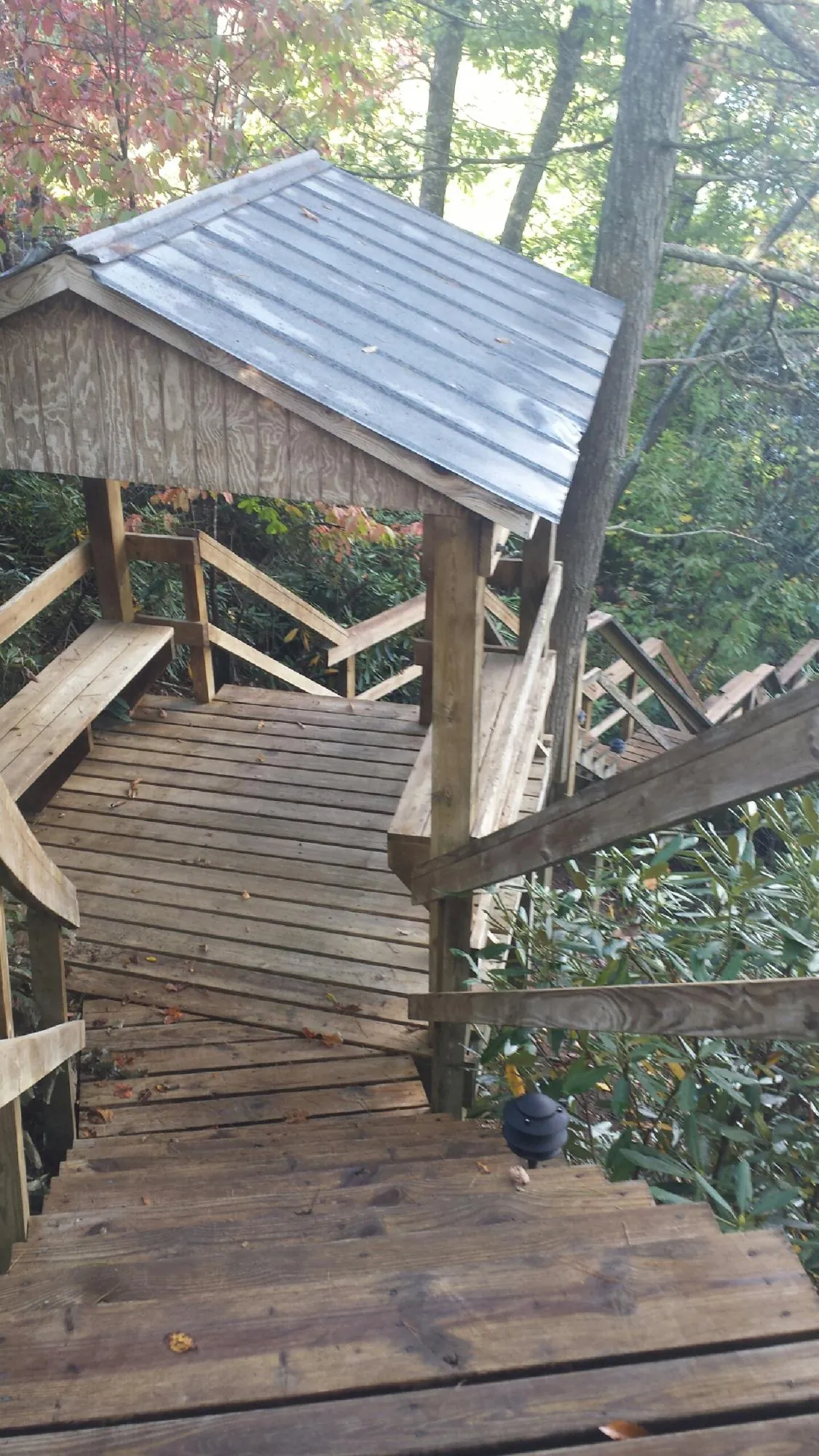 Metal roofed shelter over wooden steps on a wooded walkway — Skylight Repair & Installation work by our crew in Grant Park